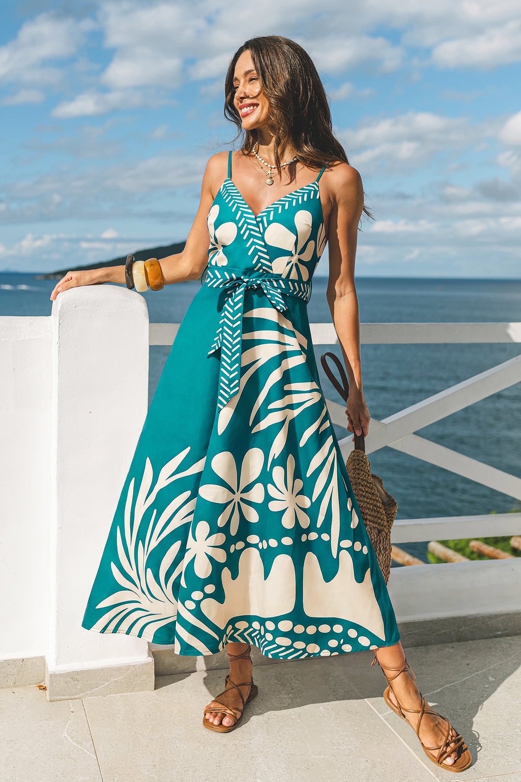 Türkis Tropisches Maxi-Strandkleid in Wickeloptik