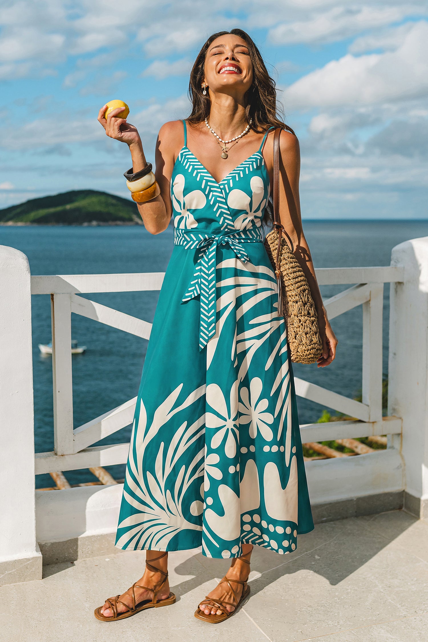 Türkis Tropisches Maxi-Strandkleid in Wickeloptik