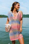 Bunt Gestreiftes Kurzarm Mini-Strick-Strandkleid