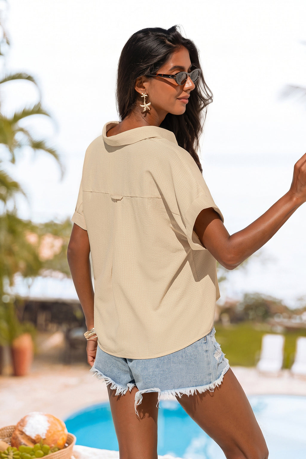 Beige Kurzarm Bluse