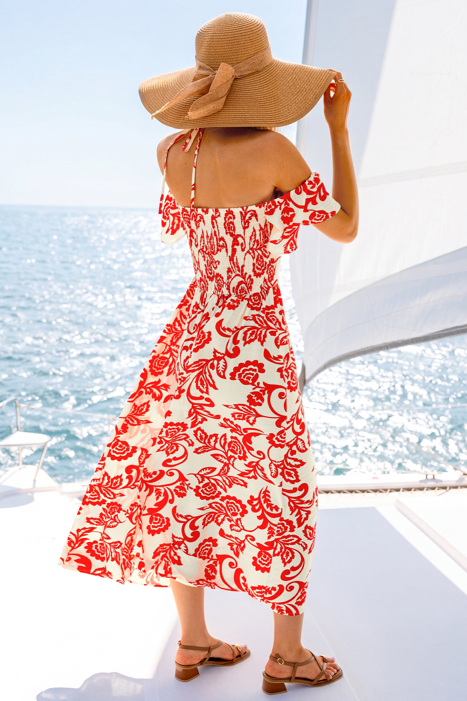 Rot geblümtes Off-Shoulder Maxi-Strandkleid
