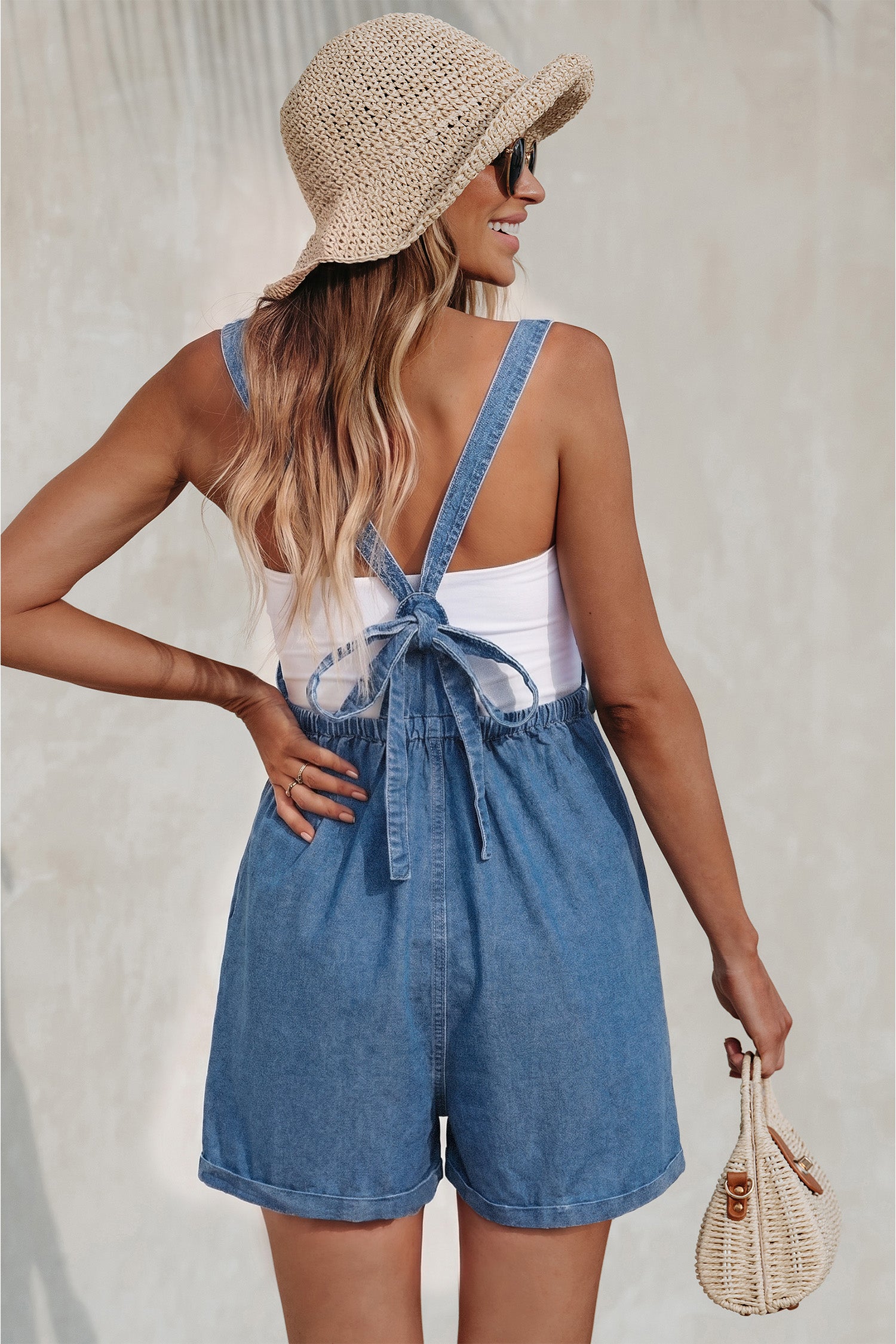 Blauer Eckiger Ausschnitt Denim-Romper