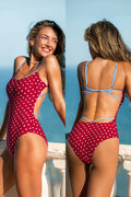 Roter Polka-Dots Badeanzug mit tiefem Rücken