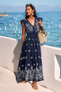 Blau geblümtes Maxi-Strandkleid mit Rüschenärmeln