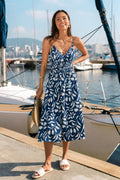 Blau-Weißes Ärmelloses Midi-Strandkleid mit V-Ausschnitt
