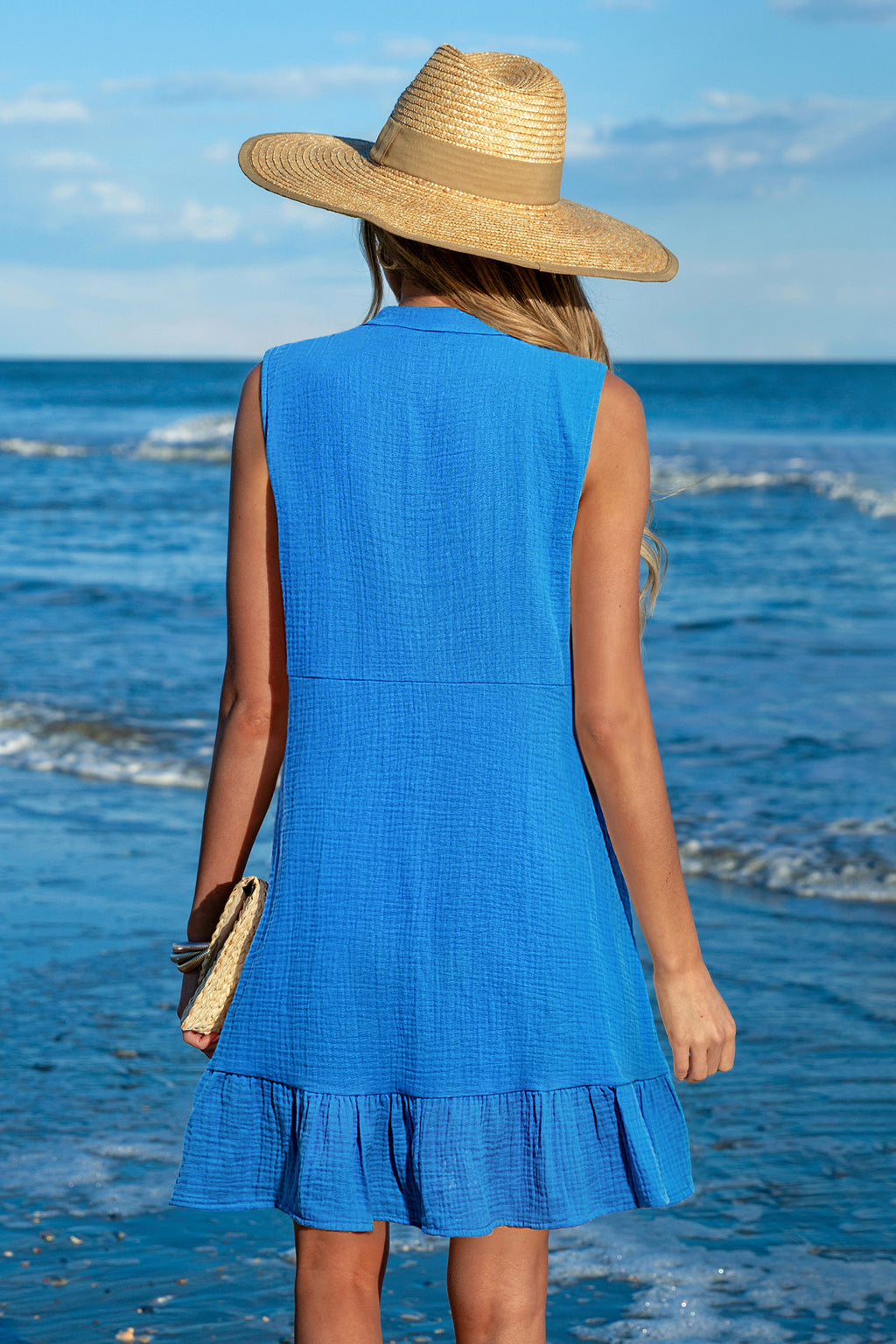 Saphirblaues Ärmelloses Mini-Baumwoll-Strandkleid