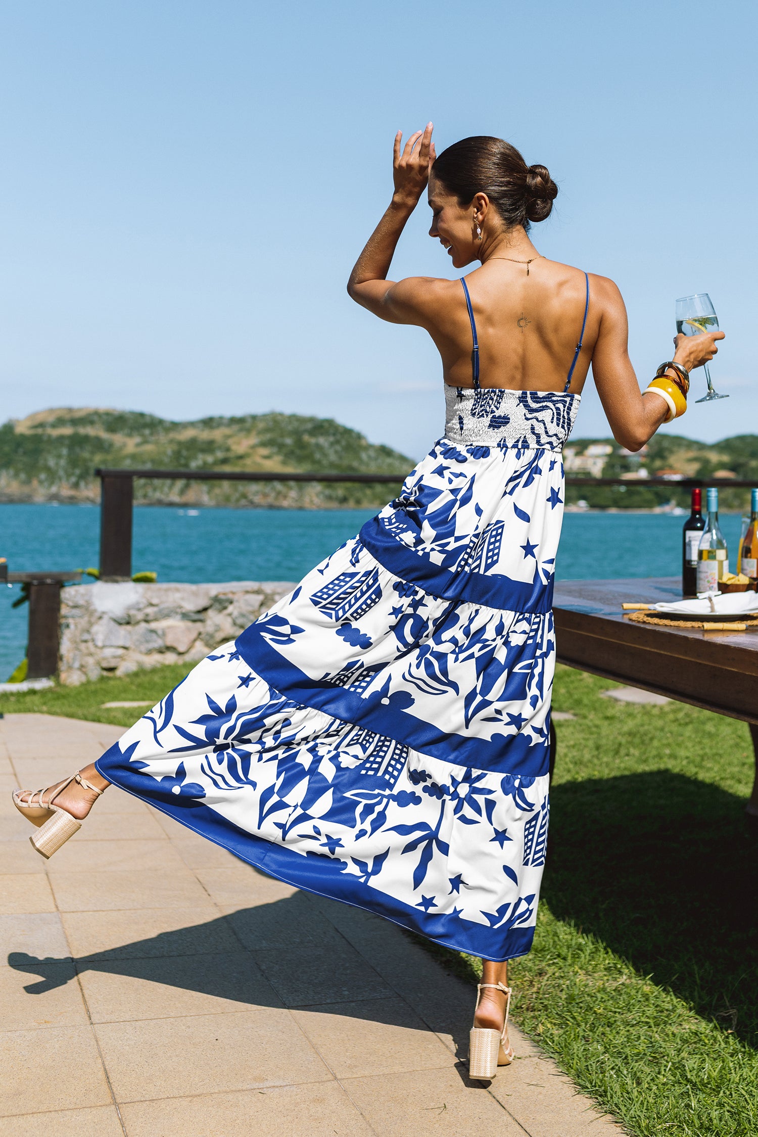 Blau Tropisches Maxi-Trägerkleid mit eckigem Ausschnitt