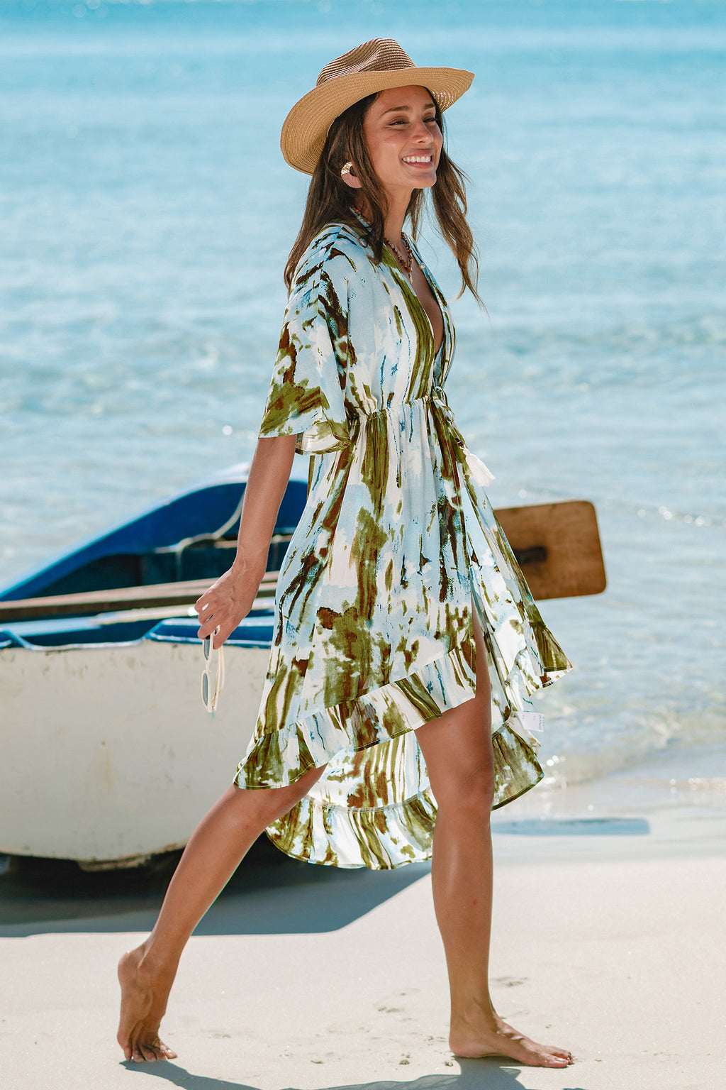 Strand-Kimono mit tiefem Ausschnitt und halben Ärmeln