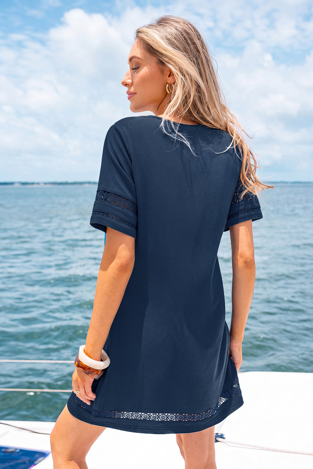 Blaues Rundhals Kurzarm Mini-Shirtkleid