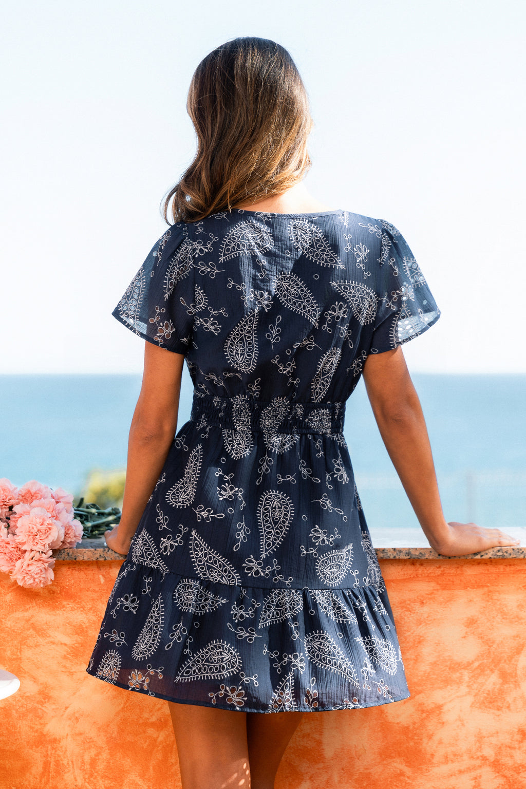 Marineblaues Paisley Kurzarm Minikleid