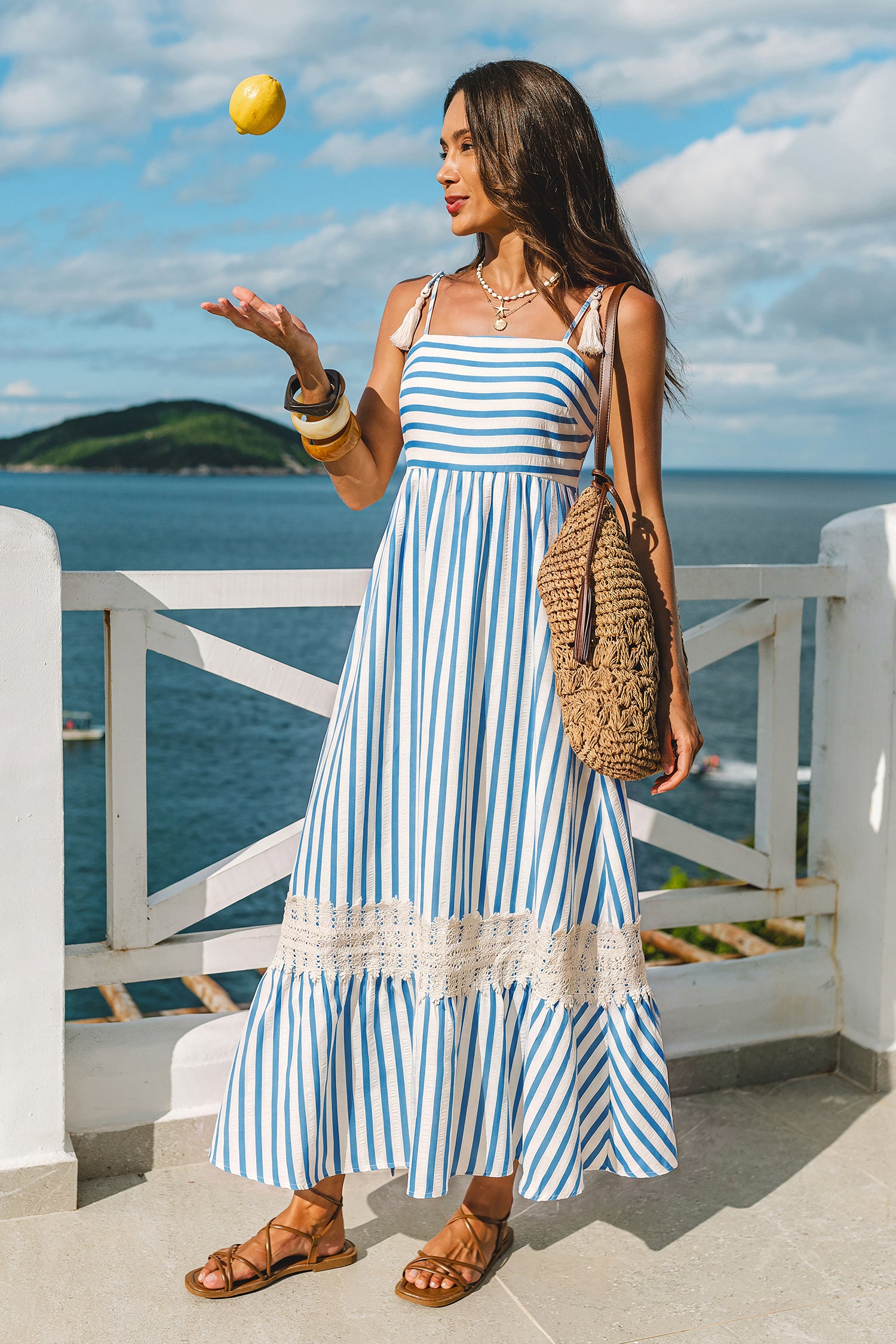 Blau Gestreiftes Eckiger Ausschnitt Maxikleid