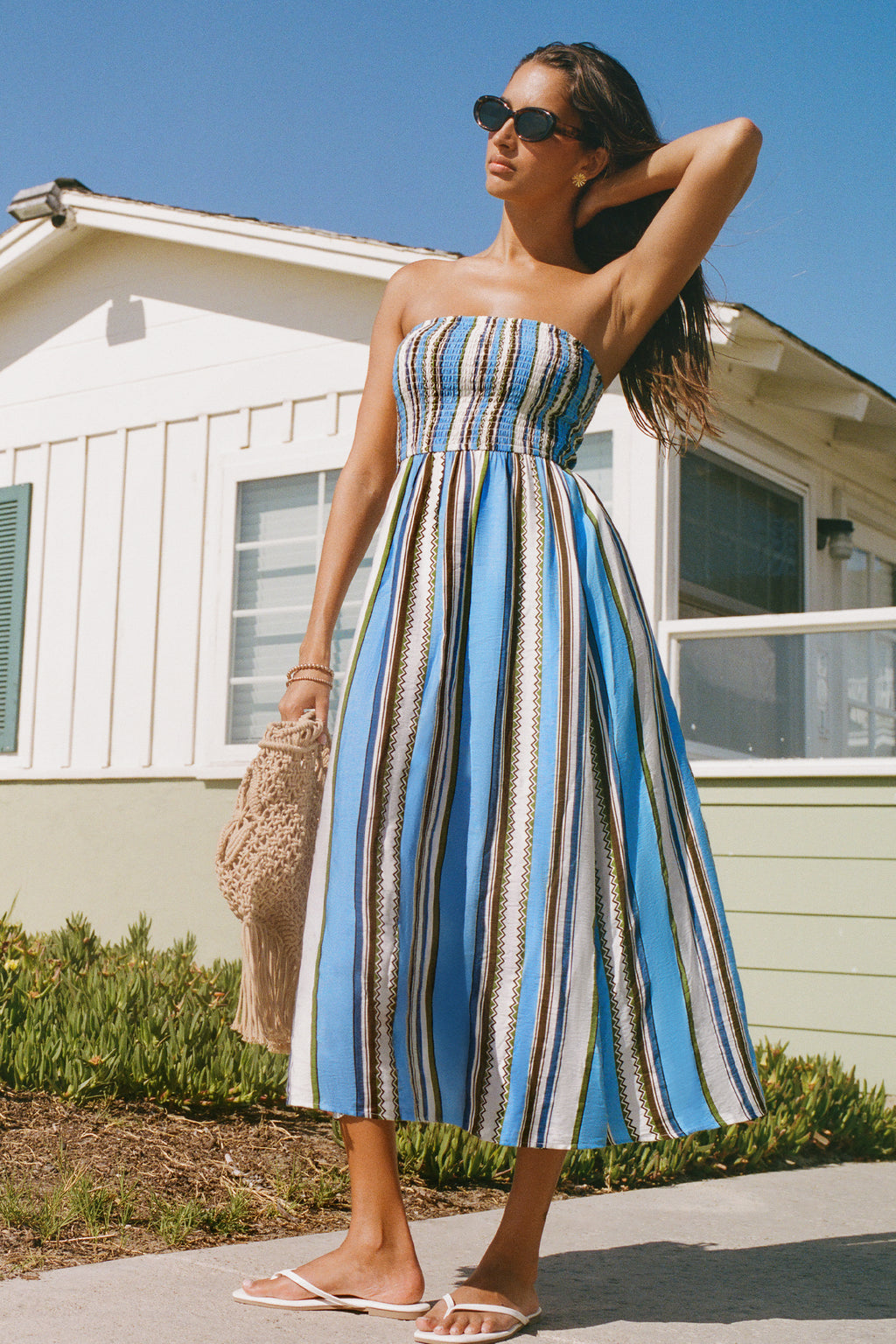 Blau Gestreiftes Maxi-Bandeau-Strandkleid