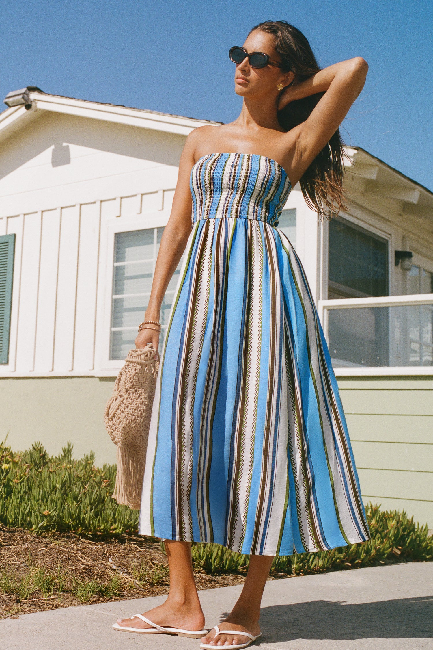 Blau Gestreiftes Maxi-Bandeau-Strandkleid