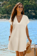 Beiges V-Ausschnitt Kurzarm Mini-Strick-Strandkleid