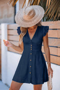 Marineblaues Kurzarm V-Ausschnitt Jacquard Mini-Strandkleid