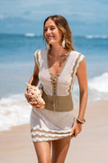 Khakifarbenes Kurzarm Strick-Strand-Top mit tiefem Ausschnitt