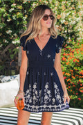 Marineblau Geblümtes Mini-Strandkleid mit Rüschenärmeln