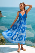 Blaues Patchwork Maxi-Strandkleid