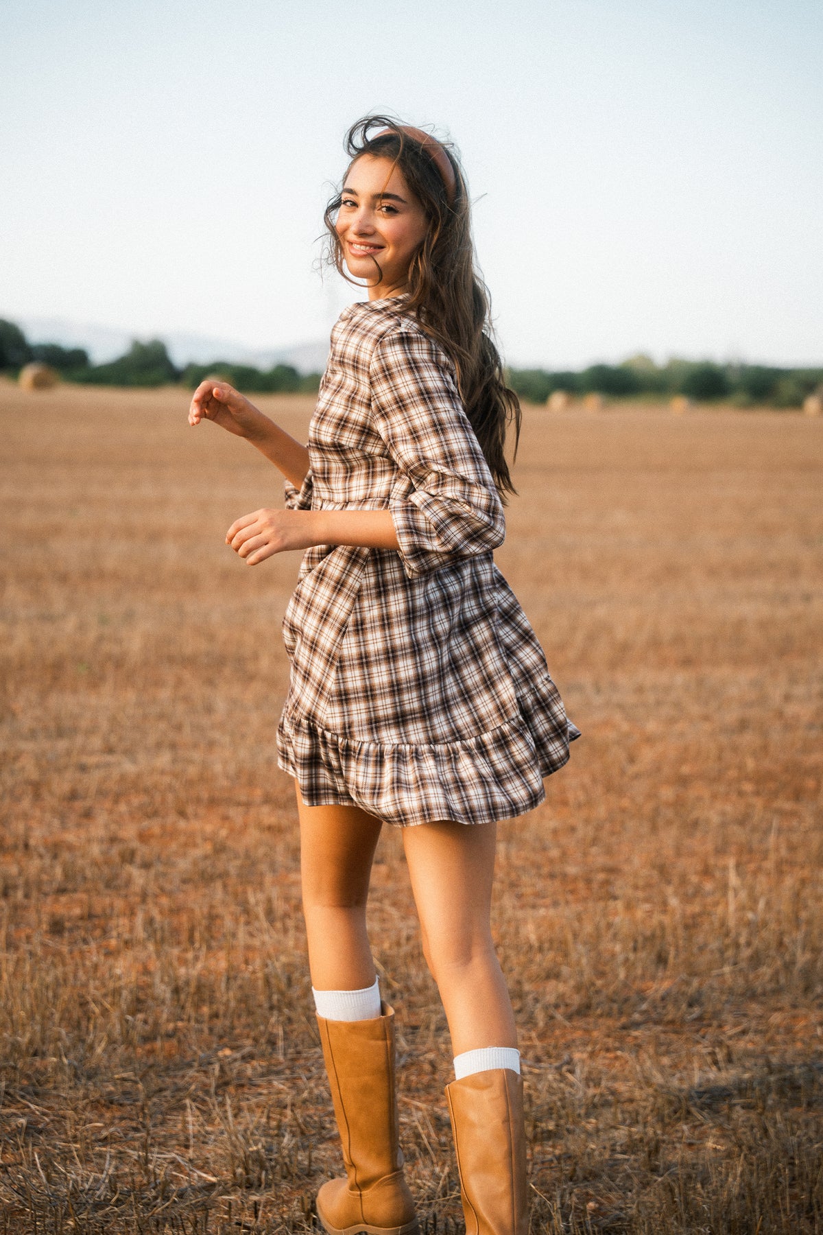 Braun Kariertes Langarm Minikleid