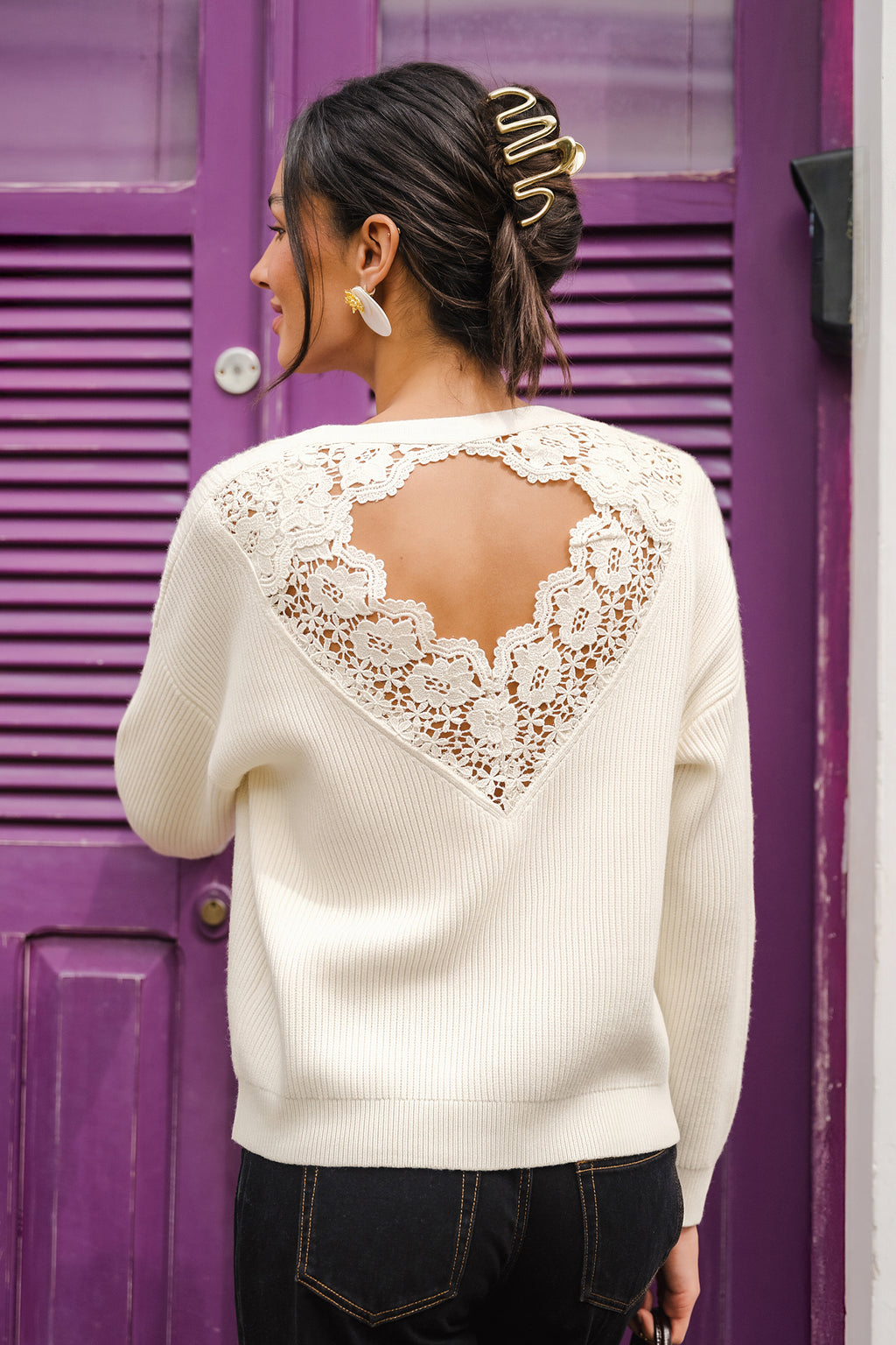 Beiger V-Ausschnitt Langarm Strickpullover