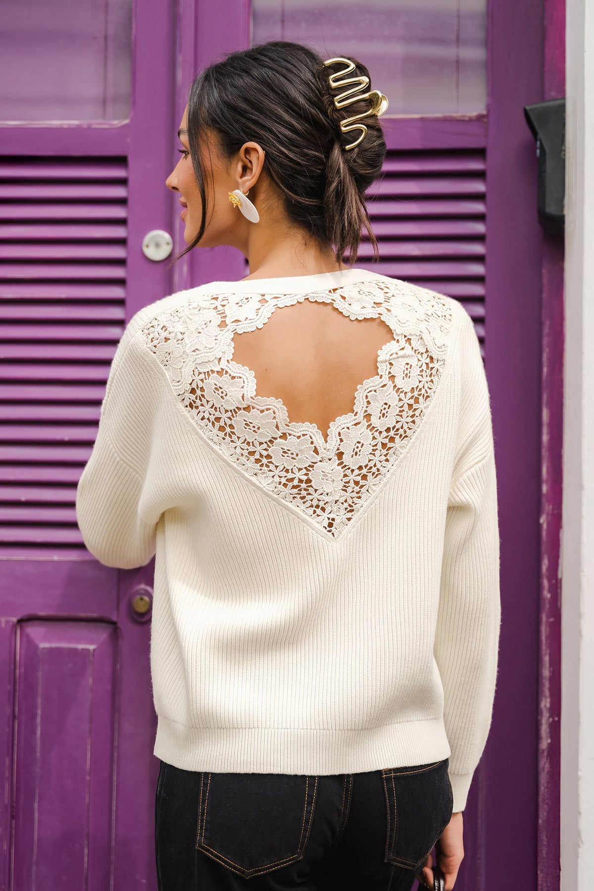 Beiger V-Ausschnitt Langarm Strickpullover