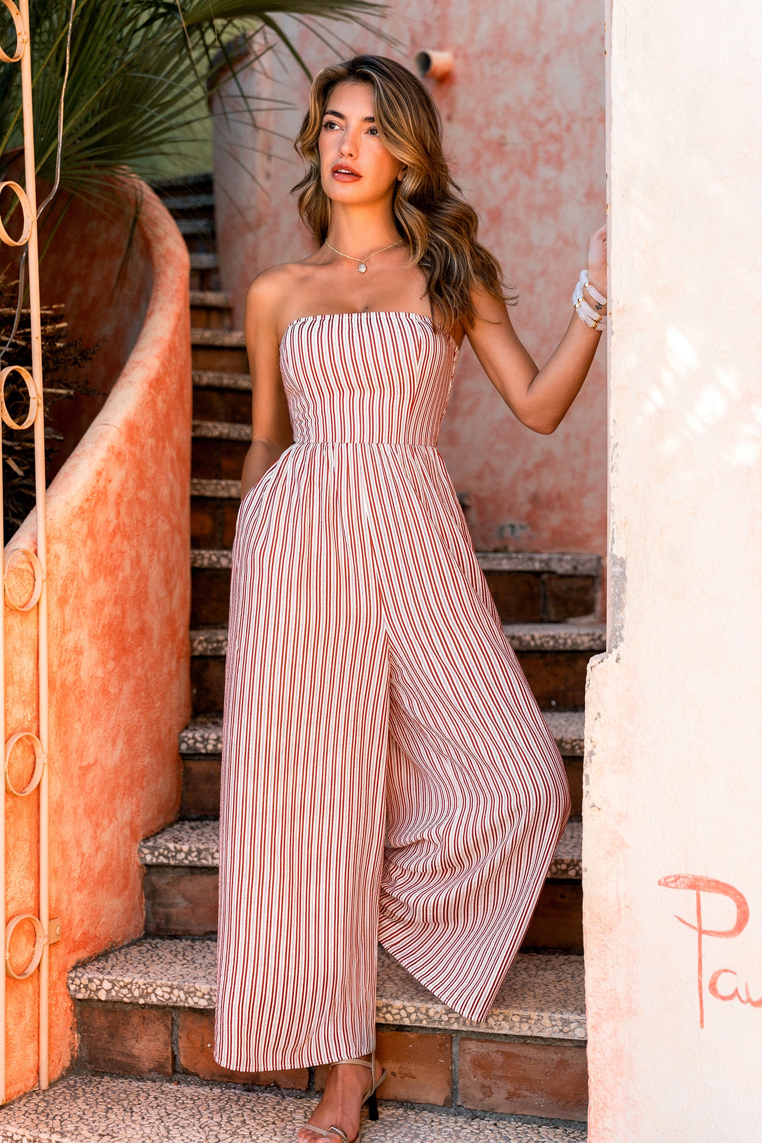 Rot Gestreifter Wide-Leg Jumpsuit
