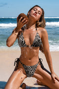 Schwarzes Animal-Print Low-Waist Neckholder-Triangel-Bikini-Set