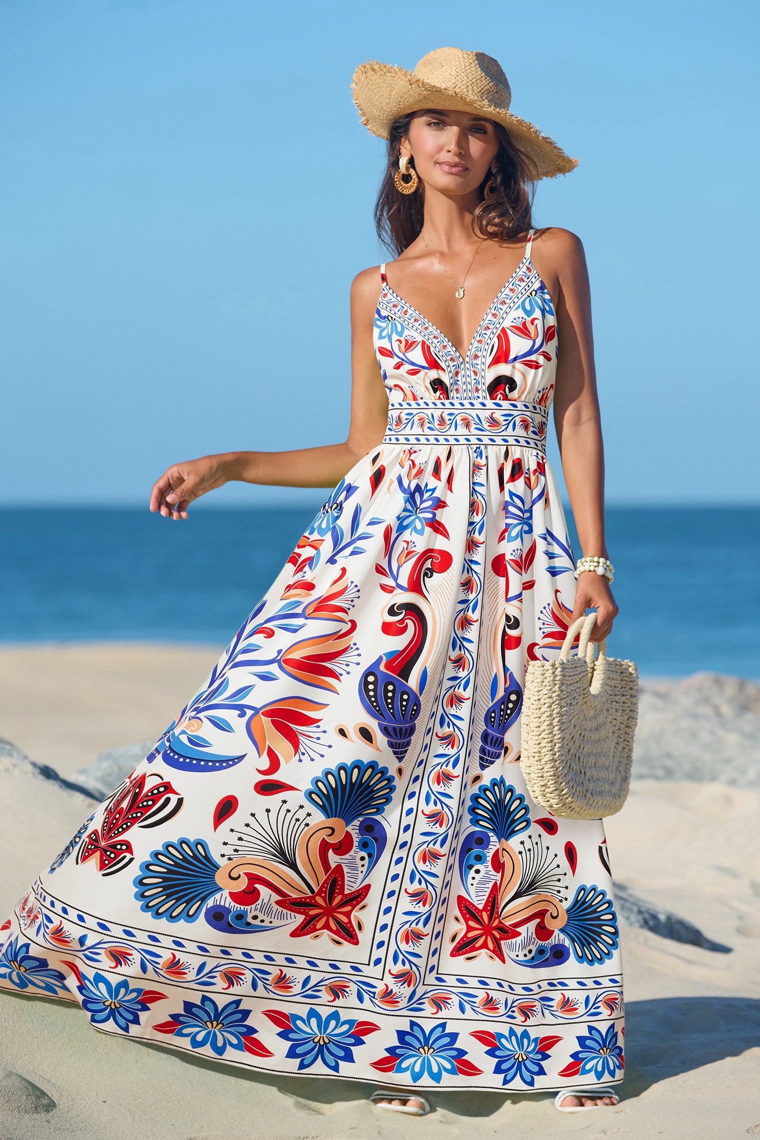 Paisley Maxi-Strandkleid mit tiefem Ausschnitt