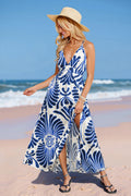 Blau-Weißes Maxi-Trägerkleid mit Seitenschlitz