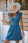 Blaues V-Ausschnitt Flatterärmel Mini-Strandkleid