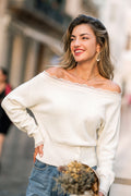 Weißer schulterfreier Langarmpullover mit Spitzenbesatz