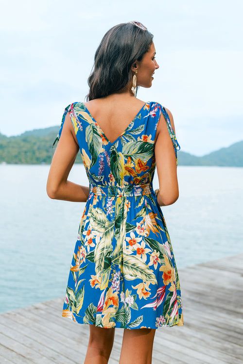 Blau tropisches Min-Strandkleid mit V-Ausschnitt