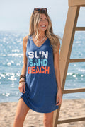 Blaues Ärmelloses V-Ausschnitt Mini-Strandkleid mit Grafik-Print