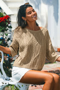 Khaki Halbarm Pullover mit Rundhalsausschnitt