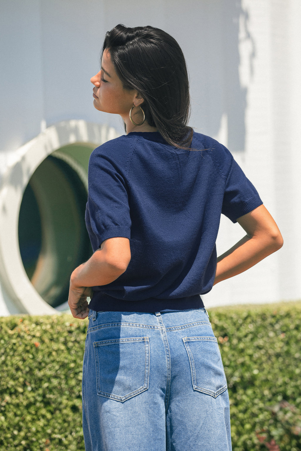 Marineblauer Kurzarm Pullover mit Rundhalsausschnitt