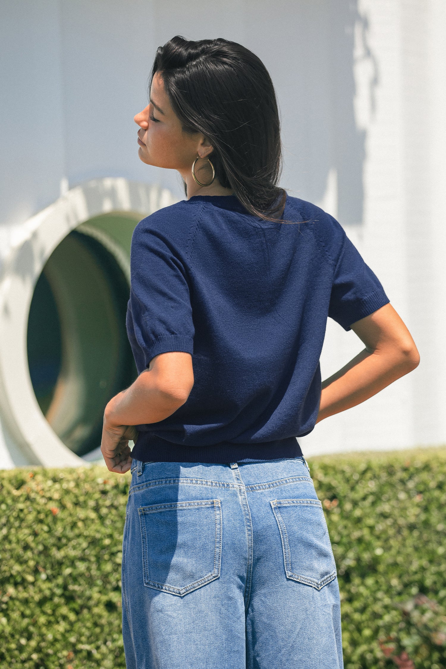 Marineblauer Kurzarm Pullover mit Rundhalsausschnitt