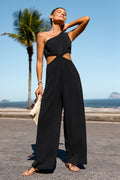 Schwarzer Asymmetrischer Ausschnitt Ärmelloser Wide-Leg-Jumpsuit