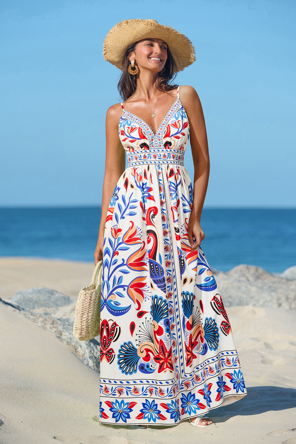 Paisley Maxi-Strandkleid mit tiefem Ausschnitt