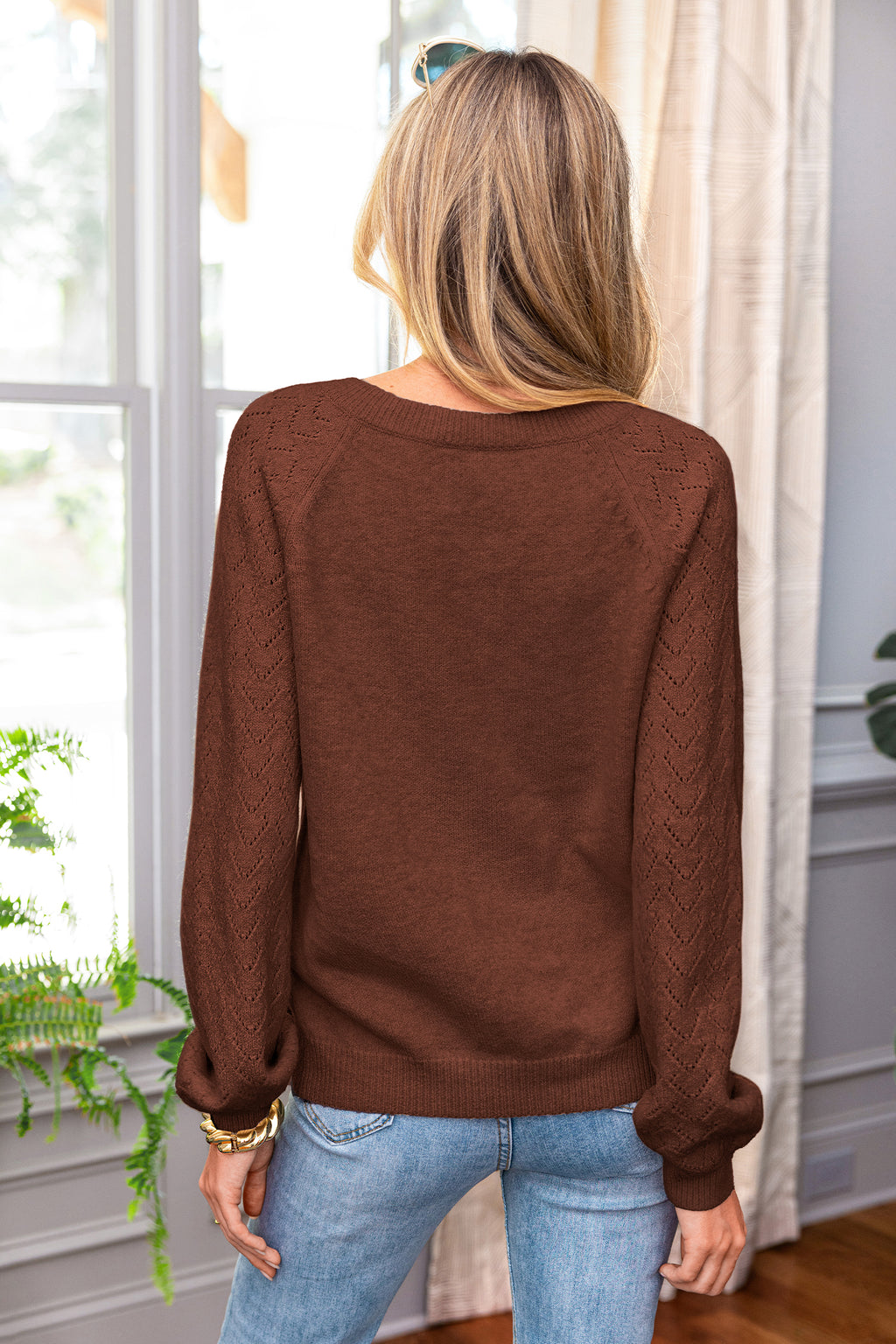 Brauner V-Ausschnitt Langarmpullover