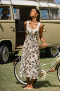 Beige geblümtes Maxi-Strandkleid mit eckigem Ausschnitt