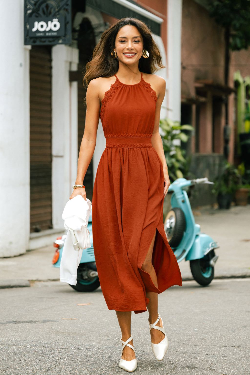 Oranges Ärmelloses Maxikleid mit Rundhalsausschnitt