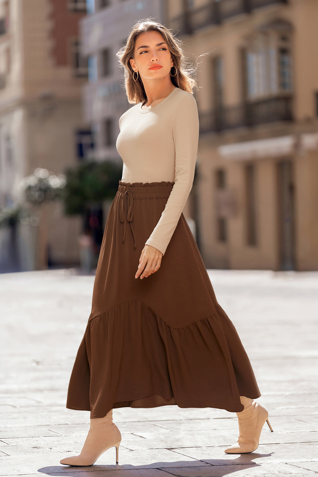 Farbblock Langarm Maxi-Freizeitkleid mit Rundhalsausschnitt