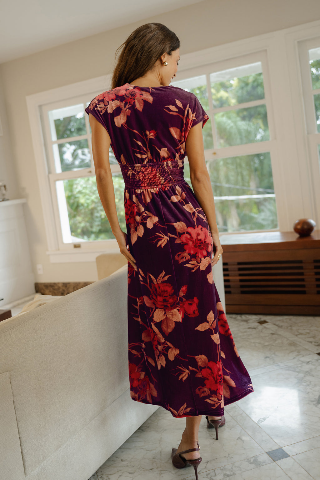 Maroon geblümtes elegantes Maxikleid mit tiefem Ausschnitt