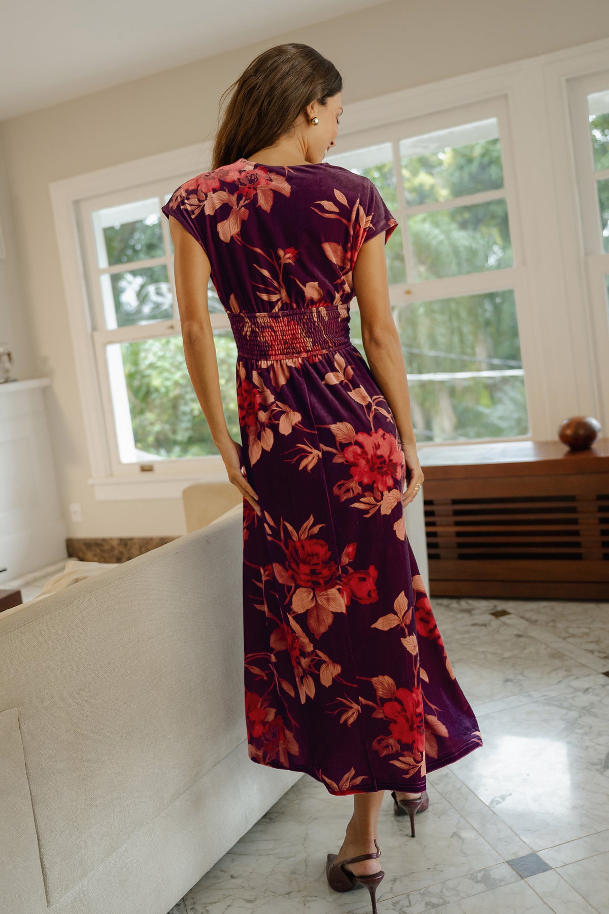 Maroon geblümtes elegantes Maxikleid mit tiefem Ausschnitt