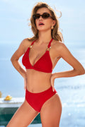 Rotes Mid-Waist Neckholder-Bikini-Set
