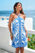 Blau Tropisches Mini-Strandkleid mit hohem Ausschnitt