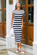 Blau Gestreiftes Figurbetontes Midi-Strickkleid