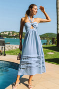 Blaues Maxi-Abendkleid mit Herzausschnitt
