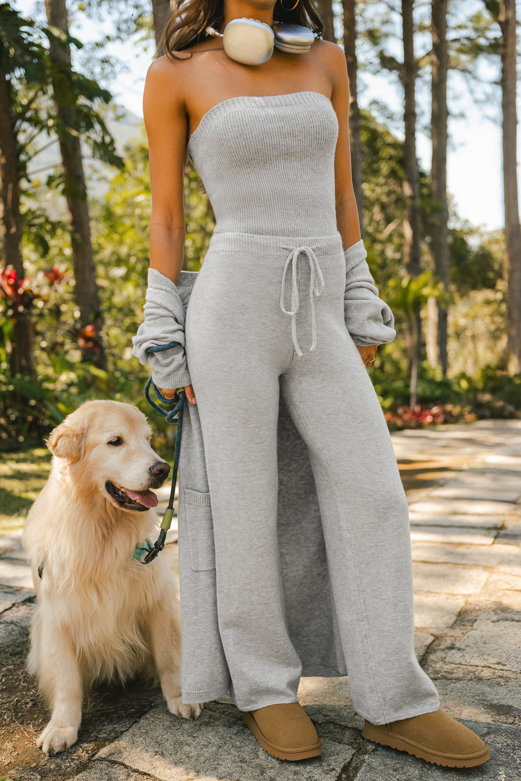 Graue gerade Strickhose mit Kordelzug