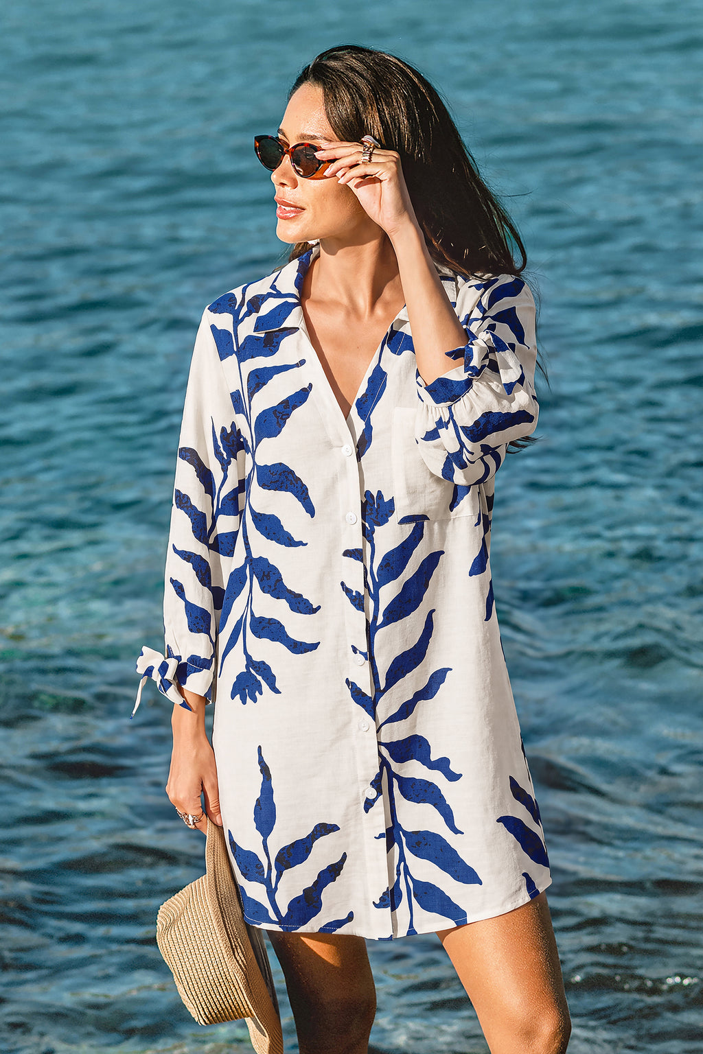 Tropisches Halbarm Mini-Strandkleid